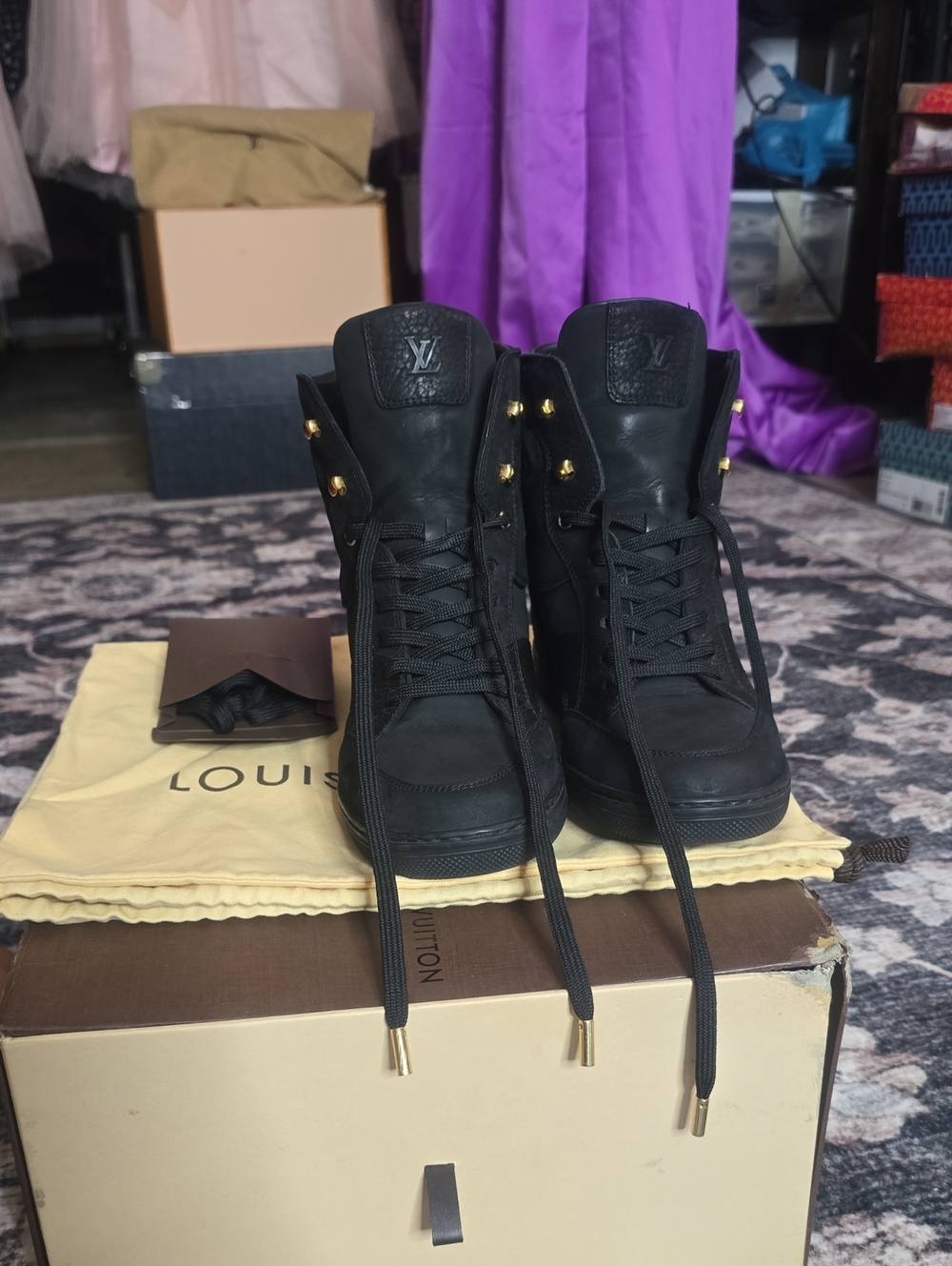 Louis Vuitton Black Men’s High-Top Sneakers with Gold Accents